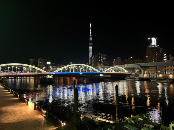 こちらの写真も夜景、東京スカイツリーをバックに蔵前橋のライトアップ写真です。