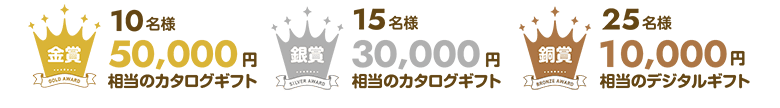 金賞／10名様50,000円相当のカタログギフト、銀賞／15名様30,000円相当のカタログギフト、銅賞／25名様10,000円相当のデジタルギフト