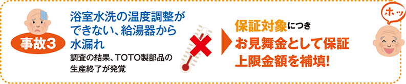 事故3 浴室水洗の温度調整ができない、給湯器から水漏れ 調査の結果、TOTO製部品の生産終了が発覚　保証対象につきお見舞金として保証　上限金額を補填！