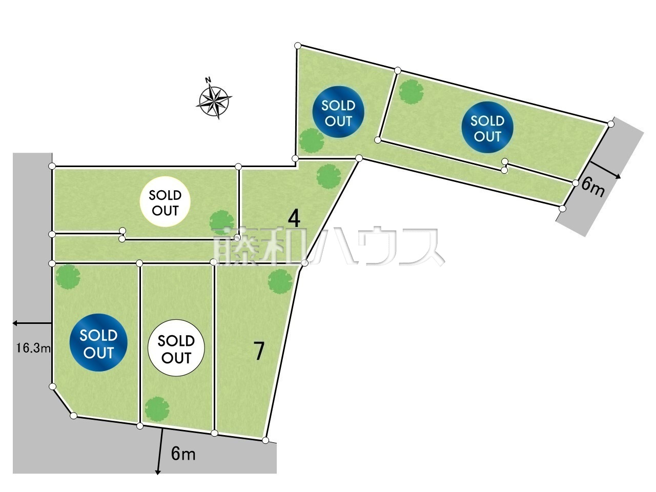 全体区画図　【日野市東豊田４丁目】
前面道路はゆとりの6m。車の出し入れも楽々です。　