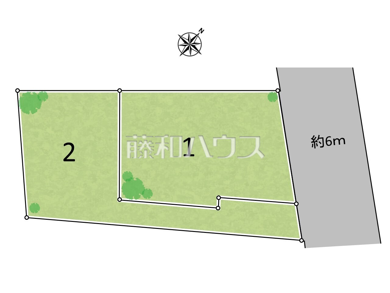 全体区画図　【日野市西平山５丁目】　6m道路面につき車の出し入れも楽々です。　