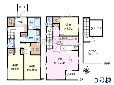 D号棟　間取図　1階よりも光が差し込みやすい2階にリビングを設置することで、明るいリビングを実現！【日野市多摩平６丁目】
