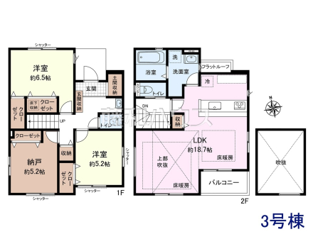 3号棟　間取図　玄関は土間収納付きなので、ペット用品やスポーツ用品・ベビーカーなど、外で使用し汚れているものをお家に上げることなく保管することができます。【武蔵野市桜堤３丁目】