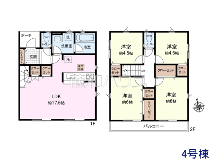4号棟　間取図　【府中市日新町３丁目】　全居室角部屋仕様で2面採光を実現！お天気の良い日には窓を開けて換気もできるので気持ち良いですね