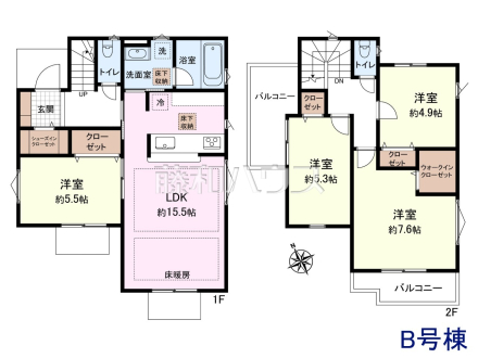 B号棟　間取図　【東村山市諏訪町１丁目】WICやSIC、床暖房など設備充実の間取りです♪