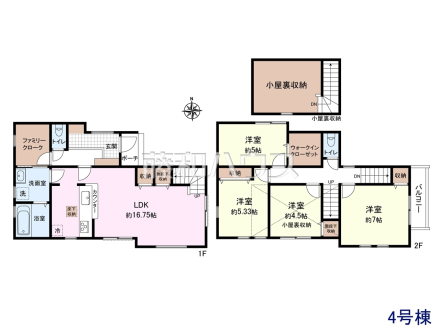 4号棟　間取図　【小平市小川東町５丁目】リビングに生活動線の中心となるリビングイン階段を設置し、家族の絆を育む住まいとなっています。
