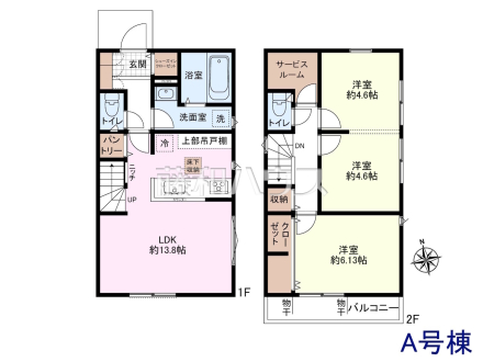 A号棟　間取図　【小平市上水本町１丁目】玄関からすぐ洗面室へ行ける間取りのため、お外でたくさん遊んだ日や雨の日の汚れをリビングへ持ち込まずに済みます。
