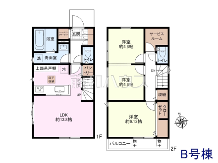 B号棟　間取図　【小平市上水本町１丁目】お子様の成長に合わせて間取りを変えられるプランです。キッチンや廊下に収納スペースを設けた収納豊富な間取りです。