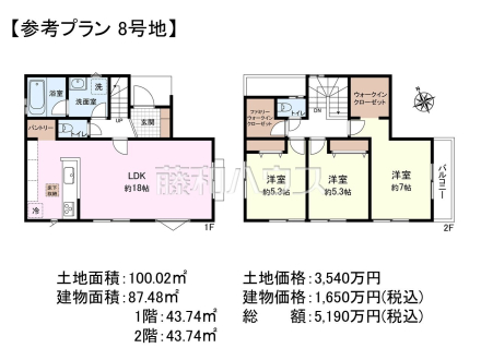 8号地　建物プラン例（間取図）　【西東京市芝久保町５丁目】　
[参考プラン] 
建物価格：1,650万円（税込）　建物面積：87.48m²