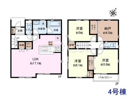 ≪4号棟　間取図≫ご家族が集うリビングは約17.1帖ありゆったり寛げる空間に♪【府中市是政６丁目】