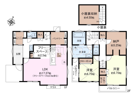 間取図　【国分寺市西町４丁目】パントリーやシューズクローゼットのほか、約5.25帖の納戸に約4.5帖の小屋裏収納など収納力豊富な間取り！