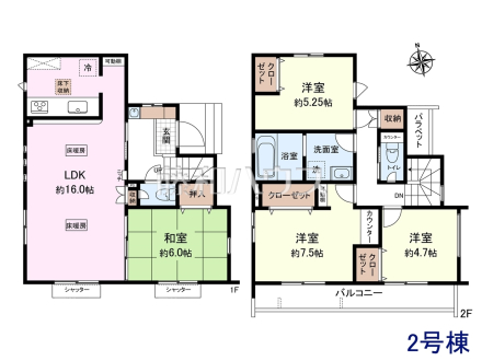 2号棟　間取図　【小金井市前原町１丁目】 LDKに接して設けられた和室は対面キッチンからも見える位置に。お子様のお昼寝中も様子を見ながら家事ができます。またゲストルームにも最適！ 