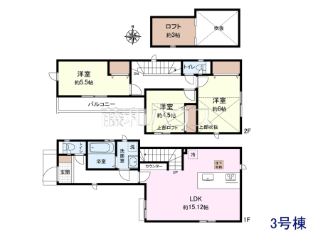 3号棟　間取図　約15.12帖のゆったりリビング。家族でテーブルを囲む素敵な時間をお愉しみ下さい♪【練馬区南田中４丁目】