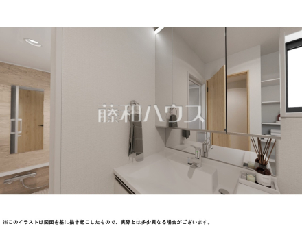 2号棟　完成予想図（洗面室　内観）　【日野市大字日野】
三面鏡付きの洗面台。鏡の裏にも収納があり、歯ブラシや化粧品等もすっきり収納できます。