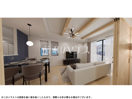 2号棟　完成予想図（リビング　内観）　【日野市大字日野】
リビングに隣接する居室の引き戸を開ければさらに開放感が広がります。　