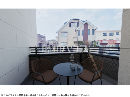 2号棟　完成予想図（バルコニー　外観）　【日野市大字日野】
バルコニーにイスとテーブルを並べれば、プライベートなカフェスペースとなります。お天気の良い日には優雅なティータイムが楽しめます。