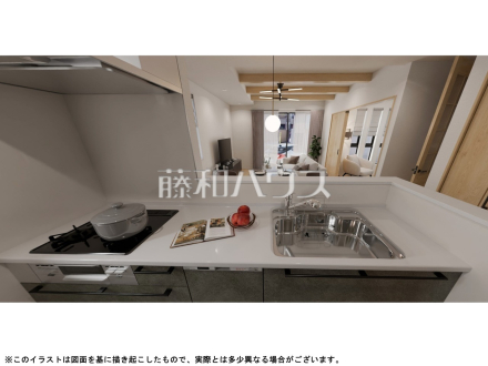 2号棟　完成予想図（キッチン　内観）　【日野市大字日野】
キッチンからリビング全体が見渡せ、目の離せない小さなお子様の様子を見ながら家事ができます。　