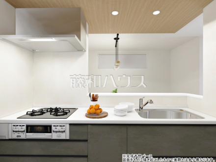 3号地　建物プラン例（パース・キッチン）　【三鷹市大沢２丁目】　
[参考プラン] 
建物価格：1,600万円（税込）　建物面積：78.66m²