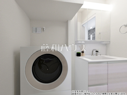 3号地　建物プラン例（パース・洗面脱衣室）　【三鷹市大沢２丁目】　
[参考プラン] 
建物価格：1,600万円（税込）　建物面積：78.66m²