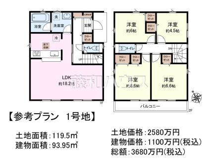 1号地　建物プラン例（間取図）　【新座市馬場３丁目】　
[参考プラン] 
建物価格：1,100万円（税込）　建物面積：93.95m²／撮影日2025/03/23
