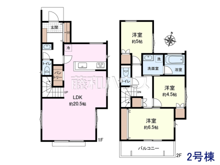 2号棟　間取図　【東村山市廻田町２丁目】 リビングに生活動線の中心となるリビングイン階段を設置し、家族の絆を育む住まいとなっています。 