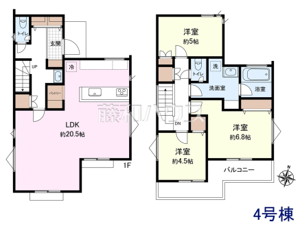 4号棟　間取図　【東村山市廻田町２丁目】水回りが2階にあるためお洗濯もらくらく