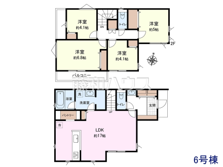 6号棟　間取図　【東村山市廻田町２丁目】 リビングイン階段で自然と家族が集う憩の空間になります。 