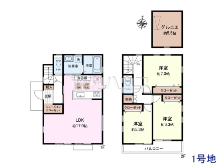 1号地　建物プラン例（間取図）　【三鷹市北野３丁目】　
[参考プラン] 
建物価格：2,044万円（税込）　建物面積：87.77m&sup2;