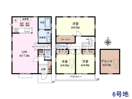 6号地　建物プラン例（間取図）　【三鷹市北野３丁目】　
[参考プラン] 
建物価格：2,005万円（税込）　建物面積：86.36m&sup2;