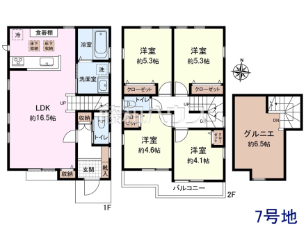 7号地　建物プラン例（間取図）　【三鷹市北野３丁目】　
[参考プラン] 
建物価格：2,005万円（税込）　建物面積：86.42m&sup2;