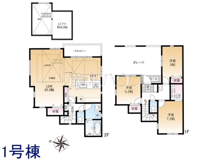 1号棟　間取図　対面式のカウンターキッチンは、いつでもご家族を感じられる空間作りの重要ポイントになりそうです　【練馬区石神井町８丁目】
