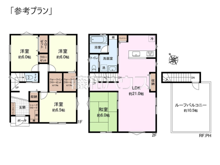 建物プラン例（間取図）　建物価格：3240万円　建物面積：約115.09平米　1F：約52.37平米　2F：約59.41平米【杉並区宮前２丁目】　
[参考プラン] 
建物価格：3,240万円（税込）　建物面積：115.09m²