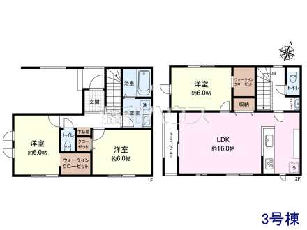 【参考プラン(間取図)】3号地
1階：49.06㎡、2階：47.61㎡、合計：96.67㎡
土地価格：3930万円、建物価格：1750万円、合計：5680万円
【西東京市東町２丁目】　
[参考プラン] 
建物価格：1,750万円（税込）　建物面積：96.67m²
