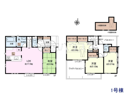 1号棟　間取図　【東村山市青葉町１丁目】 リビングに生活動線の中心となるリビングイン階段を設置し、家族の絆を育む住まいとなっています。 