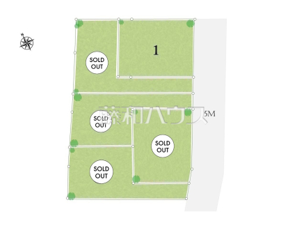 ≪全体区画図≫前面道路はゆとりの5m。車の出し入れも楽々です。【三鷹市大沢５丁目】