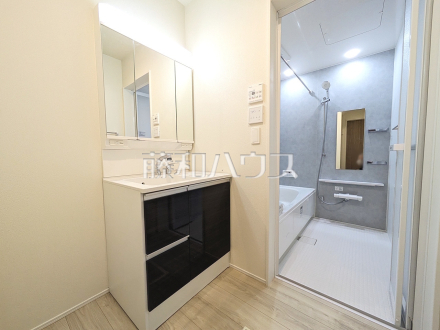 洗面室　【日野市東平山２丁目】三面鏡付きの洗面台。鏡の裏にも収納があり、歯ブラシや化粧品等もすっきり収納できます。／撮影日2025/11/08