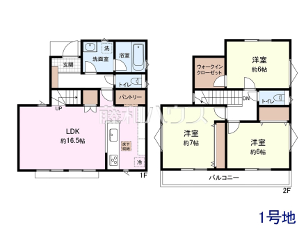 1号地　建物プラン例（間取図）　【三鷹市井の頭２丁目】　
[参考プラン] 
建物価格：2,000万円（税込）　建物面積：87.48m²