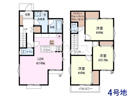 4号地　建物プラン例（間取図）　【三鷹市井の頭２丁目】　
[参考プラン] 
建物価格：2,000万円（税込）　建物面積：87.48m²