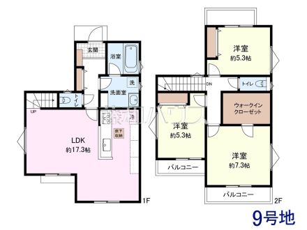 9号地　建物プラン例（間取図）　【三鷹市井の頭２丁目】　
[参考プラン] 
建物価格：2,000万円（税込）　建物面積：86.94m²