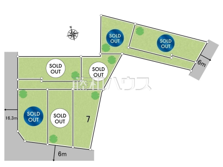 全体区画図　【日野市東豊田４丁目】
前面道路はゆとりの6m。車の出し入れも楽々です。　