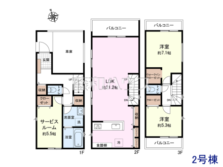 ≪2号棟　間取図≫愛車を守るビルトインガレージ！アウトドア用品のお手入れにも便利です！　【府中市府中町３丁目】