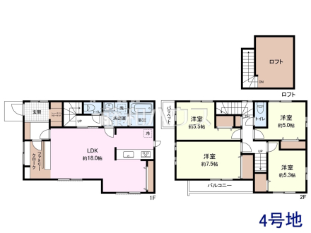 4号地　建物プラン例（間取図）　【東村山市久米川町２丁目】　
[参考プラン] 
建物価格：1,600万円（税込）　建物面積：103.68m²