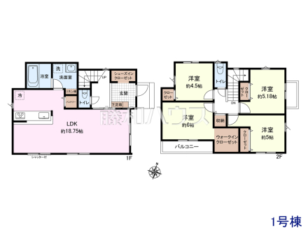 ≪参考プラン・間取図≫ 1号地
1階：50.10㎡、2階：48.23㎡、合計：98.33㎡
土地価格：3080万円、建物価格：1500万円、合計：4580万円【清瀬市竹丘３丁目】
　
[参考プラン] 
建物価格：1,500万円（税込）　建物面積：98.33m&sup2;