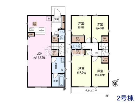 2号棟　間取図　約18.12帖のゆったりリビング。家族でテーブルを囲む素敵な時間をお愉しみ下さい　【国分寺市東戸倉１丁目】