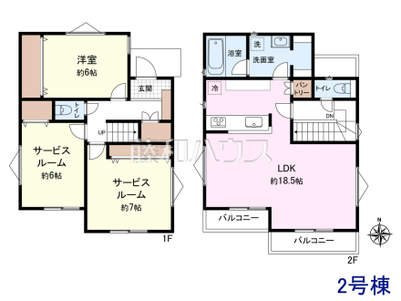 ≪2号地・参考プラン≫土地1890万円＋建物1500万円＝3390万円　
1階：45.36㎡、2階：45.36㎡、合計：90.72㎡【東久留米市下里２丁目】　
[参考プラン] 
建物価格：1,500万円（税込）　建物面積：90.72m&sup2;