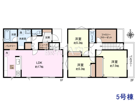 ≪5号地・参考プラン≫土地2290万円＋建物1500万円＝3790万円　
1階：45.36㎡、2階：45.36㎡、合計：90.72㎡【東久留米市下里２丁目】　
[参考プラン] 
建物価格：1,500万円（税込）　建物面積：90.72m&sup2;