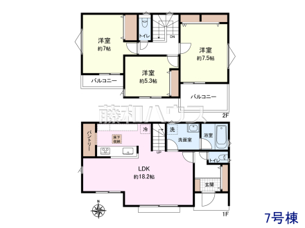 ≪7号地・参考プラン≫土地2090万円＋建物1500万円＝3590万円　
1階：46.57㎡、2階：44.14㎡、合計：90.71㎡【東久留米市下里２丁目】　
[参考プラン] 
建物価格：1,500万円（税込）　建物面積：90.71m&sup2;