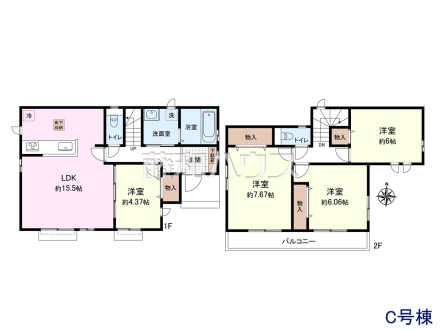 C号地　建物プラン例（間取図）　【東大和市狭山４丁目】　
[参考プラン] 
建物価格：1,480万円（税込）　建物面積：94.39m²