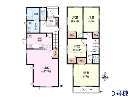 D号地　建物プラン例（間取図）　【東大和市狭山４丁目】　
[参考プラン] 
建物価格：1,500万円（税込）　建物面積：95.22m²