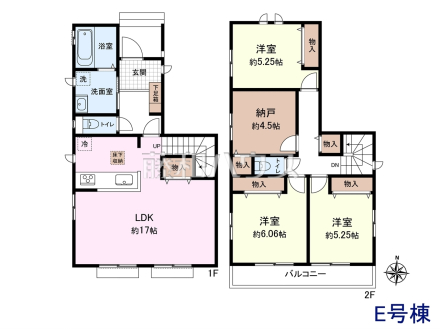 E号地　建物プラン例（間取図）　【東大和市狭山４丁目】　
[参考プラン] 
建物価格：1,500万円（税込）　建物面積：95.22m²